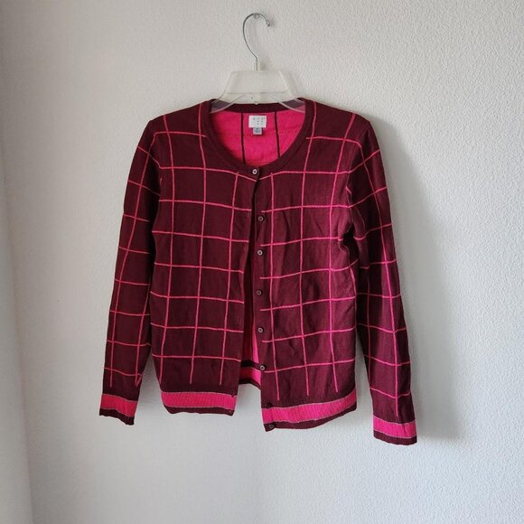 A NEW DAY Y2k vintage Burgundy Pink Checkered Cardigan Sz M 100% cotton preppy - Picture 1 of 8